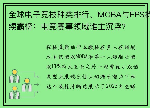 全球电子竞技种类排行、MOBA与FPS持续霸榜：电竞赛事领域谁主沉浮？