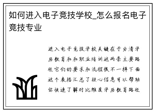 如何进入电子竞技学校_怎么报名电子竞技专业